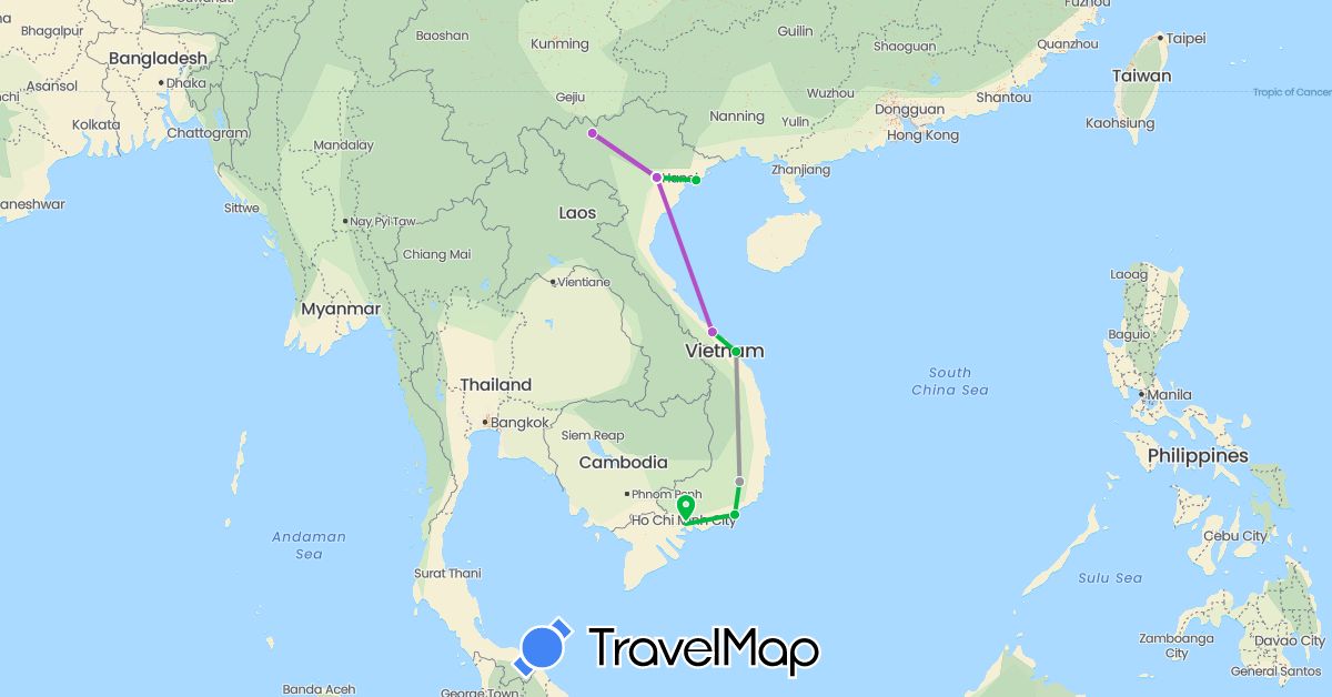 TravelMap itinerary: driving, bus, plane, train in Vietnam (Asia)